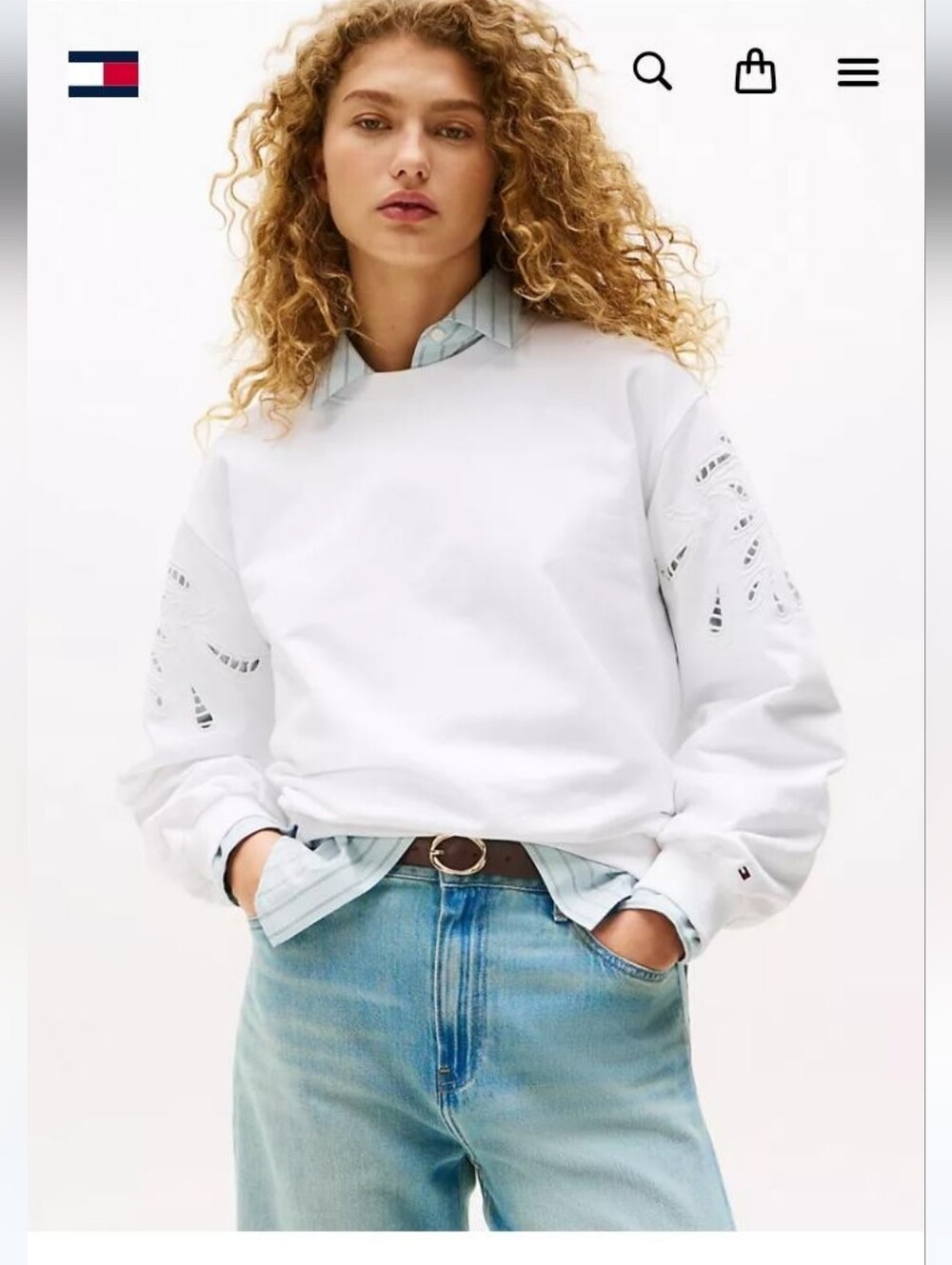 Tommy Hilfiger White Crewneck Sweater with Embroidered Sleeves
